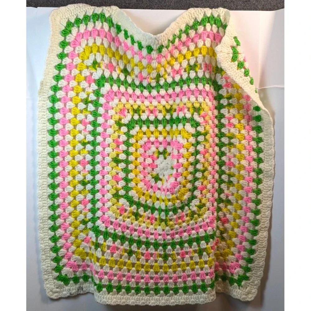 Vintage Handmade Crochet Granny Square Baby Blanket Pink Green Yellow White 29in